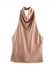 Akila Satin Button-Up Backless Top