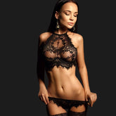 Lace Perspective Three-point Bra Set Halter Full Chest Printing Bra Night Beautiful Lingerie