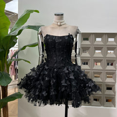 Butterfly Applique Corset Mini Dress - Black