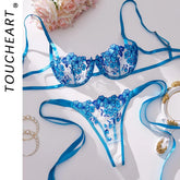 Toucheart 2 Piece Set Embroidery Lingerie Set Sheer Bra and Brief Underwear Set Satin Intimates See-Through Underwear