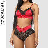 Toucheart 2-Piece Set Lingerie Set Lace Mesh Bow Three-Point Strap Bra See-Through Underwear Set