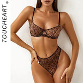 Toucheart 2-Piece Leopard Print Lingerie Set Bra Lingerie Thin Mesh Print See-Through Set