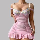 Toucheart 2-Piece Lingerie Lace See-Through Temptation Nightgown Thong Embroidery Printing Ruched Suspender Dress