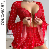 Toucheart 3 Piece Set See-through Lingerie Red Love Bra Mesh Ruched Lace Up Skirt Thong Suit