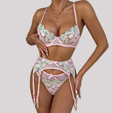 Toucheart 3PCS Embroidery Floral Underwear Set Lace See-through Slim Plunge Mesh Bralette Set