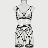 Toucheart 4 Piece Set Bra Set Nude See-Through Mesh Contrasting Color Hemmed Underwear Girdle Garter Belt Suit