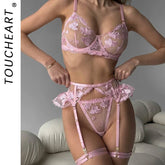 Toucheart 4 Piece Set Embroidery Underwear Set Solid Color Mesh See-through Lace Garters Underwear Set