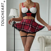 Toucheart 4 Piece Set Lingerie Suit Bow Knot Contrast Color Fishnet Stockings Uniform Set Lace Ruched Skirt Suit