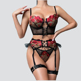 Toucheart 4-Piece Lingerie Set Embroidered Flower Straps Cross Mesh Lace Up Bra Garters Set