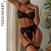 Toucheart 5-Piece Suit Underwear Suit Flocked Leopard Printable Lingerie Perspective Underwear