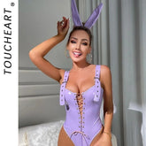 Toucheart Bunny Girl Lingerie PU Leather High Waist Strap Bunny Girl Jumpsuit Female Erotic Underwear