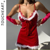 Toucheart Christmas Cute Sleeping Skirt with Gloves Bow Knot Decor Pure Desire Backless Intimate Set