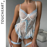 Toucheart Cute Bodysuit with Leg Rings Lace See-through Floral Romantic SeductiveBodysuit Set