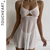 Toucheart Cute Sleeping Skirt with Panty See-through Lace Slim Backless Bow Knot Elegant Pajamas