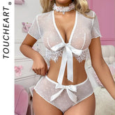 Toucheart Cute Underwear Thin Model See-through Slim Exposed Navel Bow Knot Decor Intimate Underwear Set