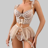 Toucheart Diamond Embroidery Strappy Mesh Tutu Skirt Lingerie Set Push Up Bra Girl Underwear Luxury Support Underwear
