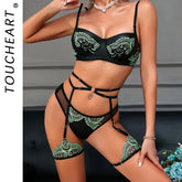 Toucheart Embroidery Lace See-through Bow Knot Underwear Panty Slim Spaghetti Strap Steel Ring Mesh Set