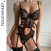 Toucheart Erotic Bodysuit Lace Embroidery See-through Backless Body Shaping Delicate Mesh SeductiveBodysuit Set