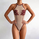 Toucheart Erotic Bodysuit Printed Mesh Jumpsuit Intimate See-through Backless One-piece Underwear