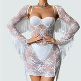 Toucheart Erotic Dress Elegant Palace-style Fringed Cardigan Spliced with See-through Intimate Lace Purelust Hip-hugging Dress