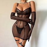Toucheart Erotic Dressable Adjustable PU Belt with Mesh See-through Pure Desire Dress Body-shaping Suit with Gloves