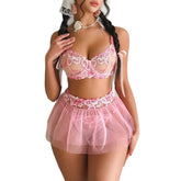 Toucheart Erotic Fancy Lingerie Panty with Tutu Skirt Lace See-through Embroidery Body Shaping Bra Set