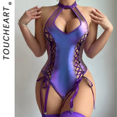 Toucheart Erotic Halter Bodysuit with Fishnet Stockings Side Girls Body Shaping Set