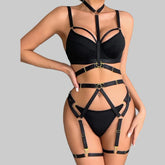 Toucheart Erotic Lingerie Heavy Industry Complex Strap Cross Strap Black Halter Neck Lingerie Four-piece Set For