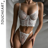 Toucheart Erotic Lingerie Panty 2PCS Embroidery Floral See-through Lace Slim Intimate Underwear Set