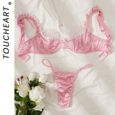 Toucheart Erotic Lingerie Panty 2PCS Lace Floral Delicate Three Point Type Pure Desire Bra Set