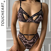 Toucheart Erotic Lingerie Panty 2PCS Leopard Print Slim Exposed Navel Elegant Private Underwear Set