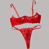Toucheart Erotic Lingerie Panty 2PCSRed Lace Breast-leaking Lingerie Breathable Skin-friendly Open Thong Lingerie Set