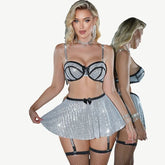 Toucheart Erotic Lingerie Pure Desire Silver Bra Sequined Shortskirt with Fishnet Stockings Short Skirt Suit Seductiveskirt
