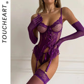 Toucheart Erotic Lingerie See-through Bra Dots Embroidery Flirt Open Crotch Panty with Stockings Underwear