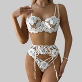 Toucheart Erotic Lingerie Thin Mesh Embroidered Hollowbody Shaping Lingerie Garter Belt Three-piece Set