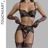 Toucheart Erotic Lingerie with Gloves 5PCS Embroidery Lace Leopard Print Bodyshaping Elegant Erotic Set