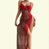 Toucheart Erotic Nightgown Leopard Print Stitching See-through Lace Luxurious High Slit Suspender Nightgown Thong Suit