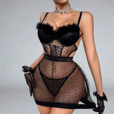 Toucheart Erotic Nightgown See-through Polka Dot Lacetie Feather Bodyshaping Sling Hip-covering Nightgown With mold Cup