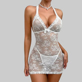 Toucheart Erotic Sleeping Skirt with Thong Halter Pearl See-through Elegant Pure Desire Pajamas Set