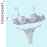 Toucheart Erotic Sling Lingerie Panty2PCS Embroidery Floral See-through Body Shaping Delicate Braset