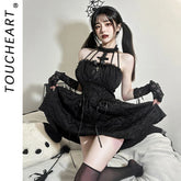 Toucheart Halloween Cosplay Little Devil Dress Uniform Set Slim Backless Black Ruched Bodycon Dress Dress Set