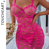 Toucheart Heart Mesh Frill Trim Underwire Lingerie Dress Thong Lace Mesh Halter Lingerie Dress