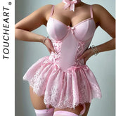 Toucheart Lace Fancy Garters Lingerie Girly Pink Corset Dress Stocking Matching Cute Uniform Lingerie
