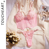 Toucheart Lace Floral Embroidery Underwear Fun Suit Pearl Chain Splicing Thin Mesh See-Through Lingerie Set