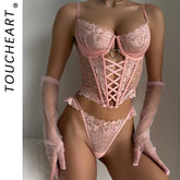 Toucheart Lace Floral Lingerie Panty Split Kit Hollowout Love See-through Cross Bandage Romanticset