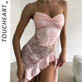 Toucheart Lace See-through Floral Pajamas Panty Set 2PCS Slim Backless Spaghetti Strap Mesh Pajamas Set