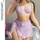 Toucheart Lace See-through Underwear Set Slim Backless Plunge Solid Color Mesh Underwear