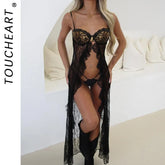 Toucheart Leopard Lace Leopard Print Long Dress Baby Dolls Night Clip Youth Split Night Dress