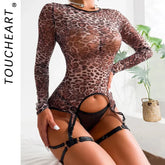 Toucheart Leopard Print Mesh Underwear See-Through Long Sleeves Top Exotic Solid Color Garters Lingerie Set
