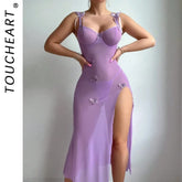 Toucheart Mesh See-Through Tempting Lace Backless High Slit Light Blue Bow Knot Lace Up Suspender Belt Dress Erotic Suit